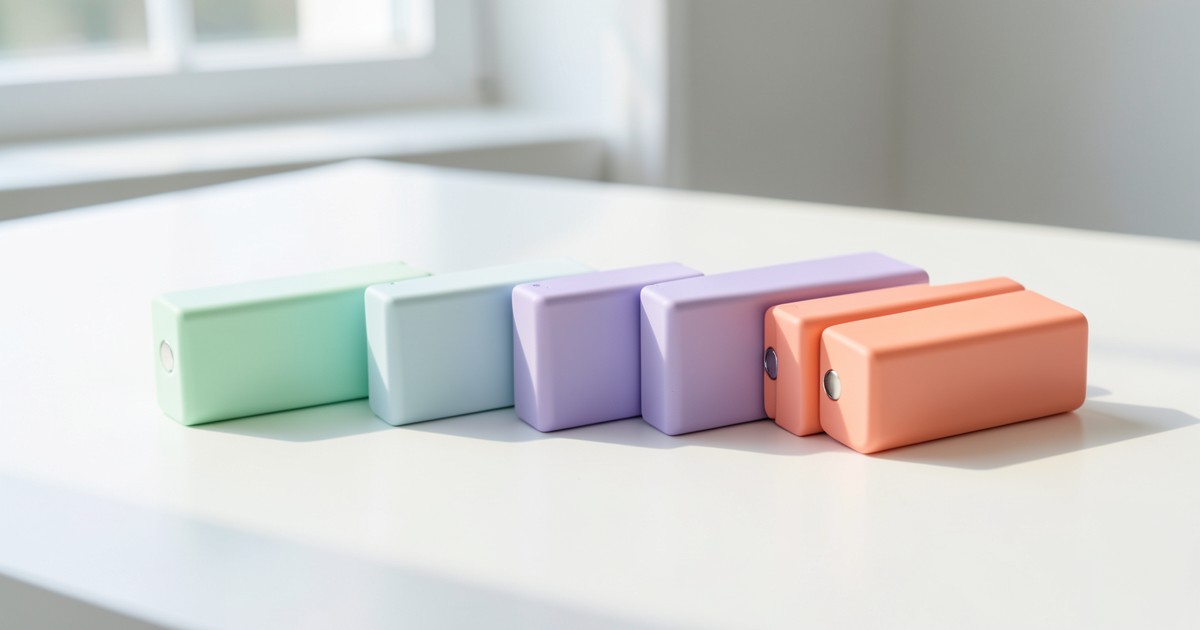 さまざまなパステルカラーの軽量モバイルバッテリーが並んでいる様子