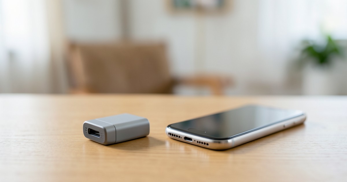 木製のテーブルの上に置かれたコンパクトなモバイルバッテリーとスマートフォン