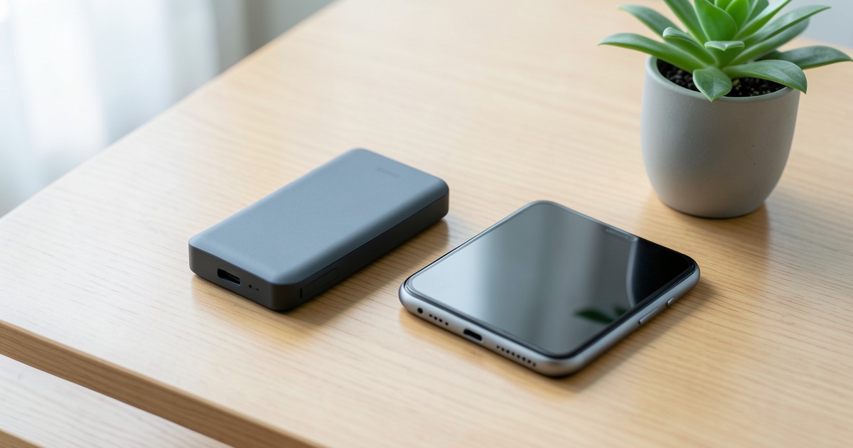 木のテーブルの上に置かれたスタイリッシュでコンパクトなモバイルバッテリーとスマートフォンの風景
