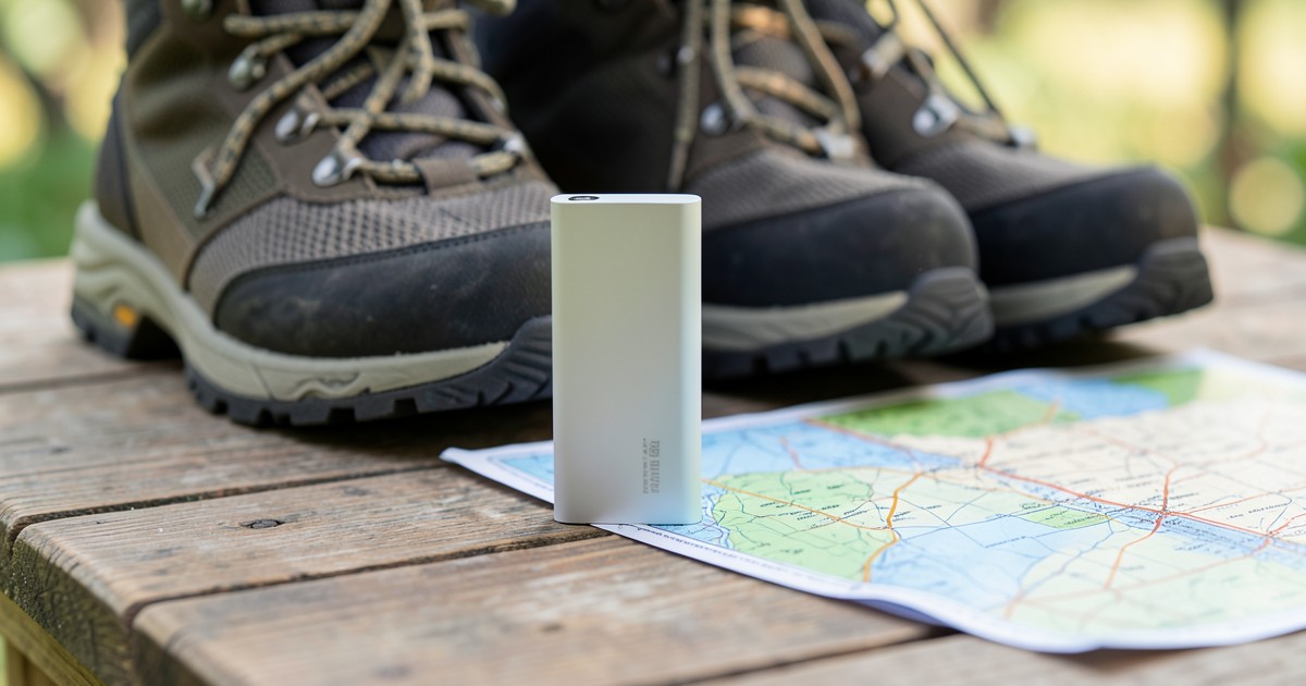 ハイキングブーツの隣に置かれたコンパクトなモバイルバッテリーと地図