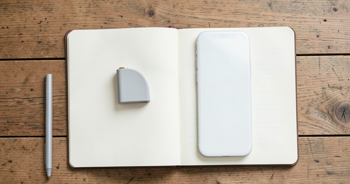 木目調の机の上に置かれたスマートフォンの横にある、コンパクトなモバイルバッテリー。