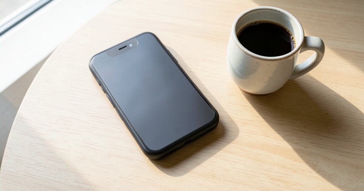 木のテーブルの上に置かれたコンパクトなモバイルバッテリーとスマートフォン。