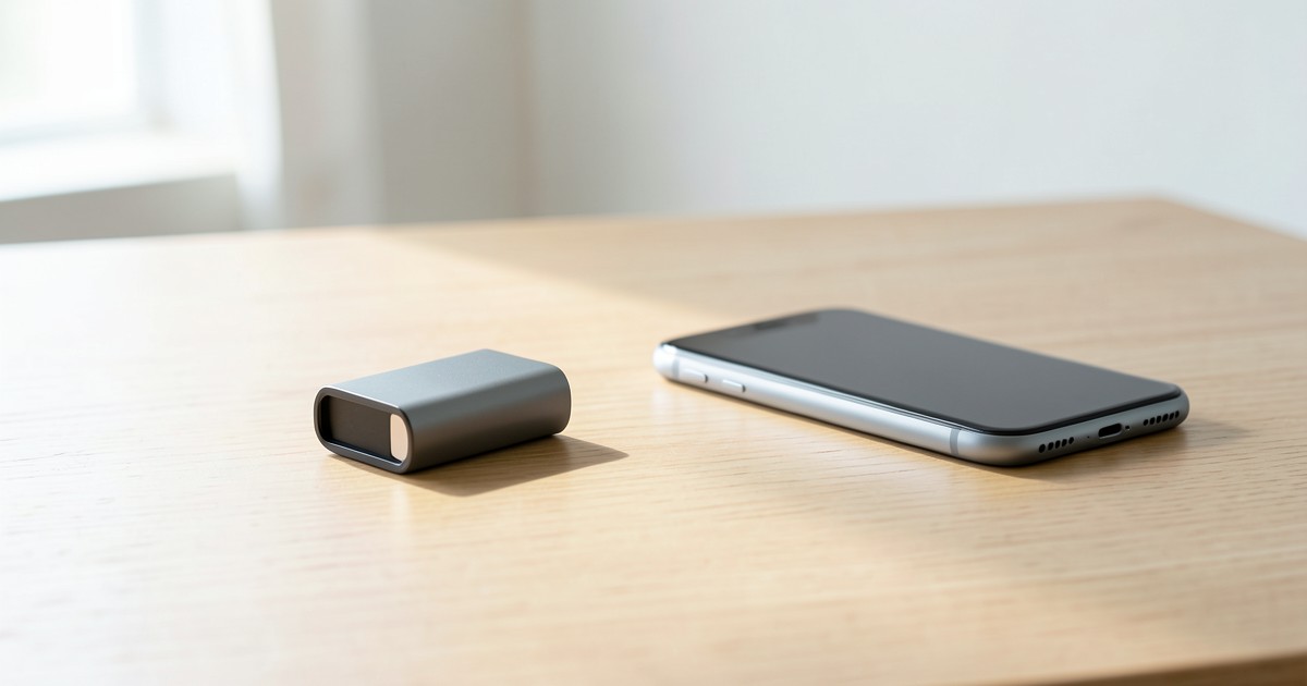 ミニマルなデスクの上に置かれたスマートなモバイルバッテリーとスマートフォン。