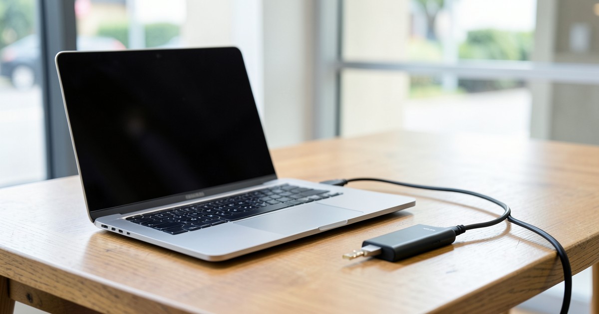 カフェのテーブルの上でノートPCとモバイルバッテリーを接続している様子
