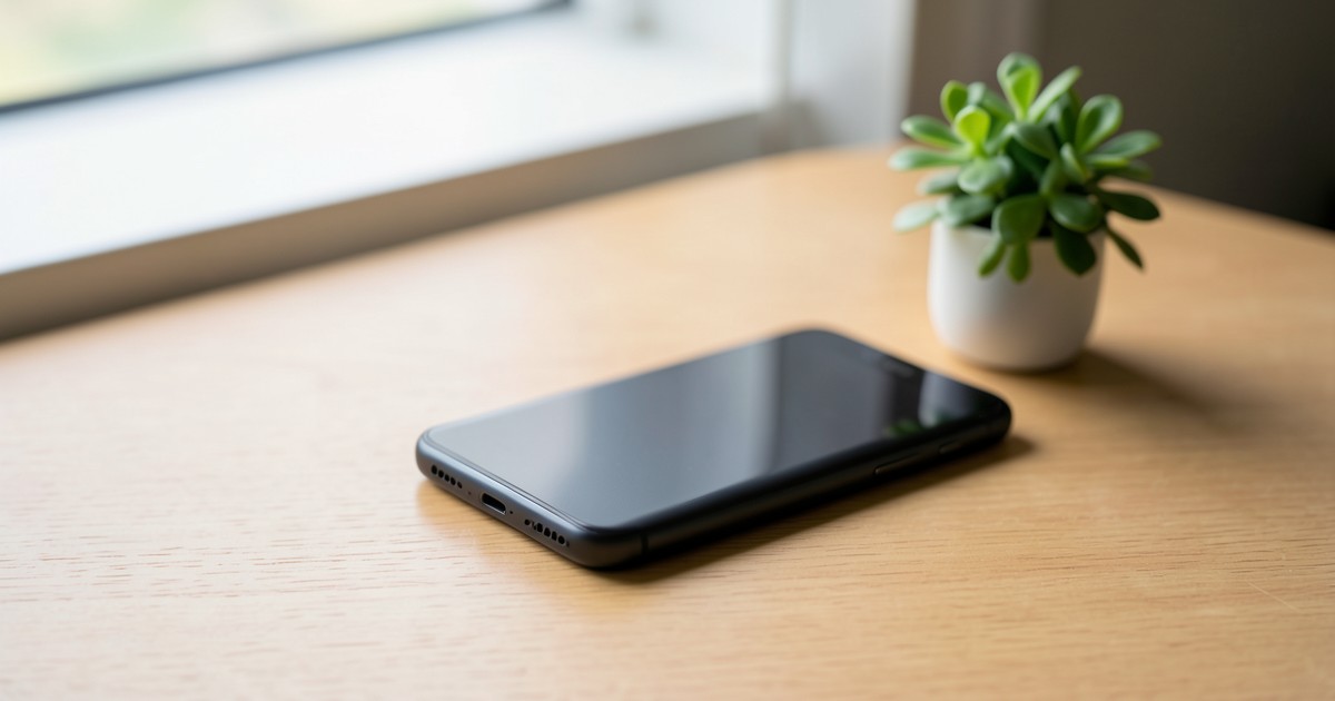 木のテーブルの上に置かれたモバイルバッテリーとスマートフォンの風景