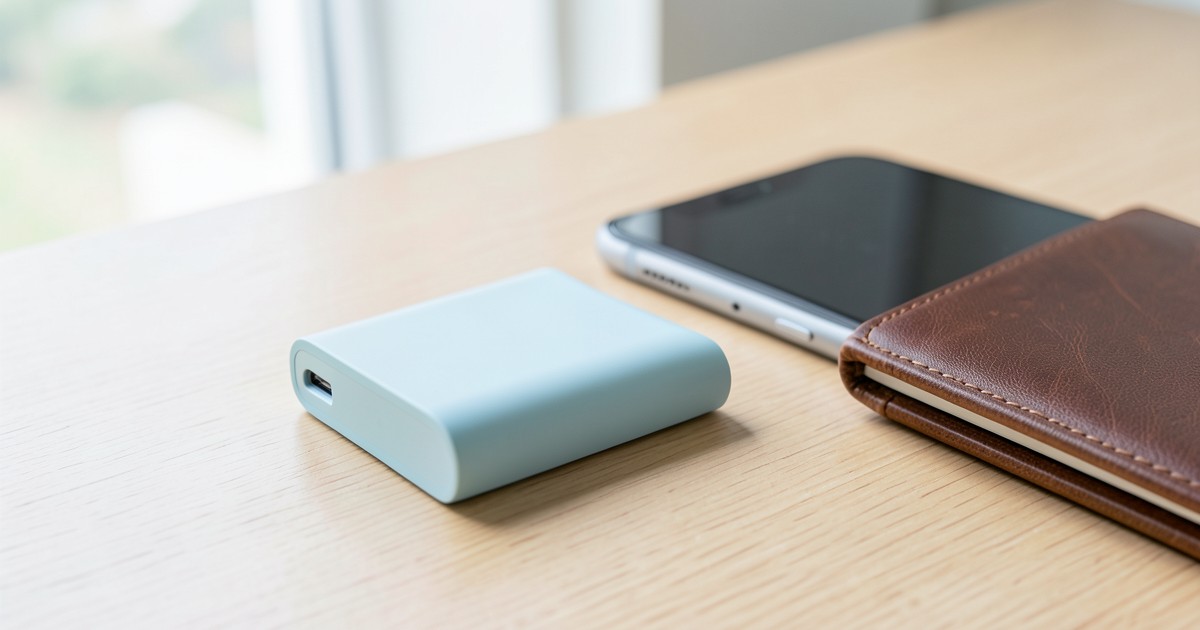木製のデスクの上に置かれた、マットな質感のパステルブルーのモバイルバッテリーとスマートフォンの様子