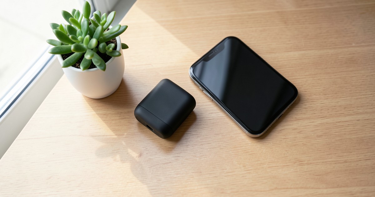 木製のデスクの上に置かれたスマートフォンの横にある、コンパクトでスタイリッシュなモバイルバッテリー。