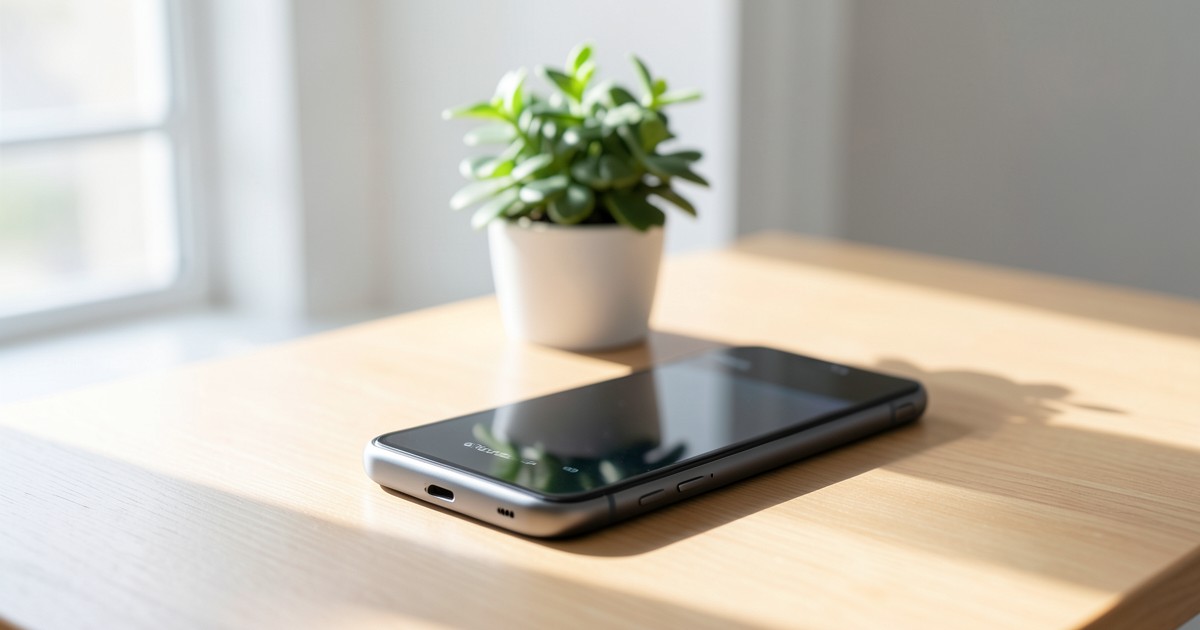 木製のデスクの上に置かれたスマートフォンとスリムなモバイルバッテリーの風景