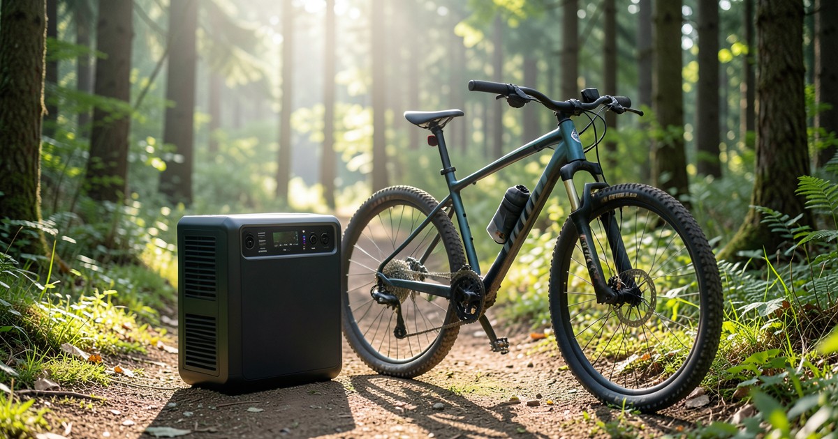 森のハイキングコースに置かれた高性能なモバイルバッテリーと自転車
