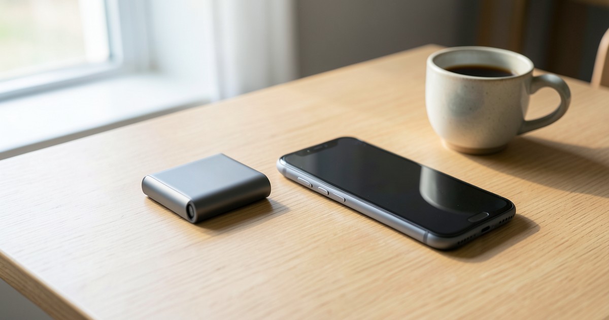 木のテーブルの上に置かれた、コンパクトなモバイルバッテリーとスマートフォンの風景。