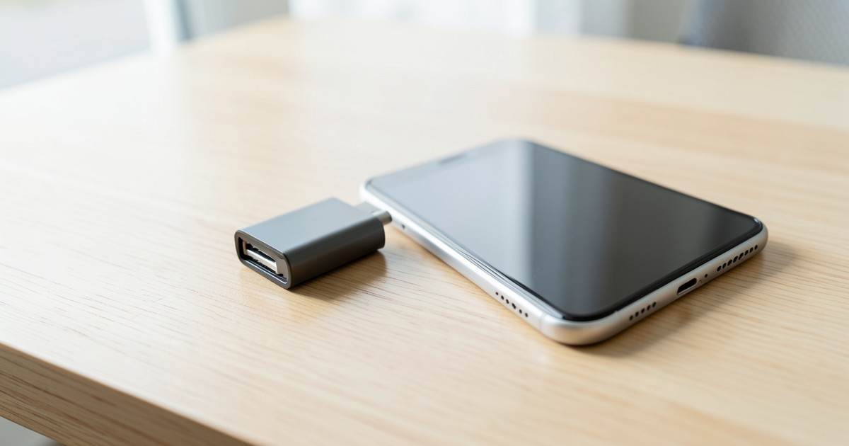 スマートフォンと軽量モバイルバッテリーが置かれたシンプルな風景