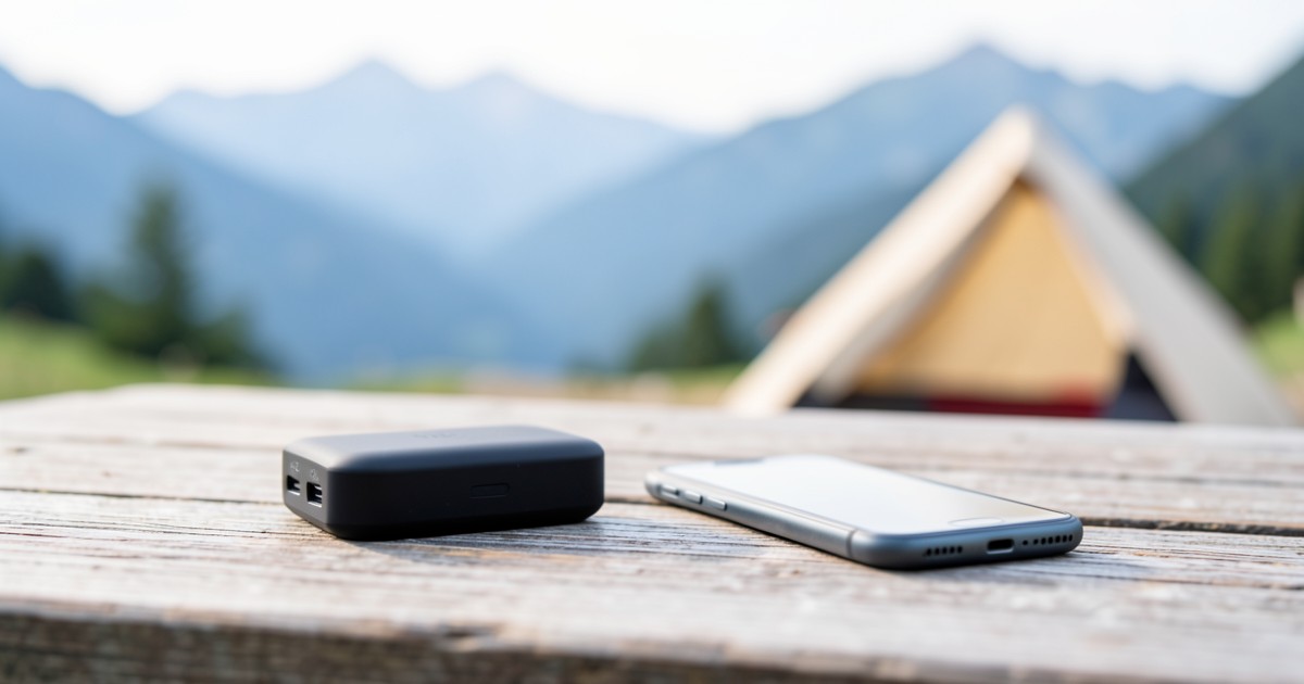 キャンプのテーブルの上に置かれたモバイルバッテリーとスマートフォンの風景